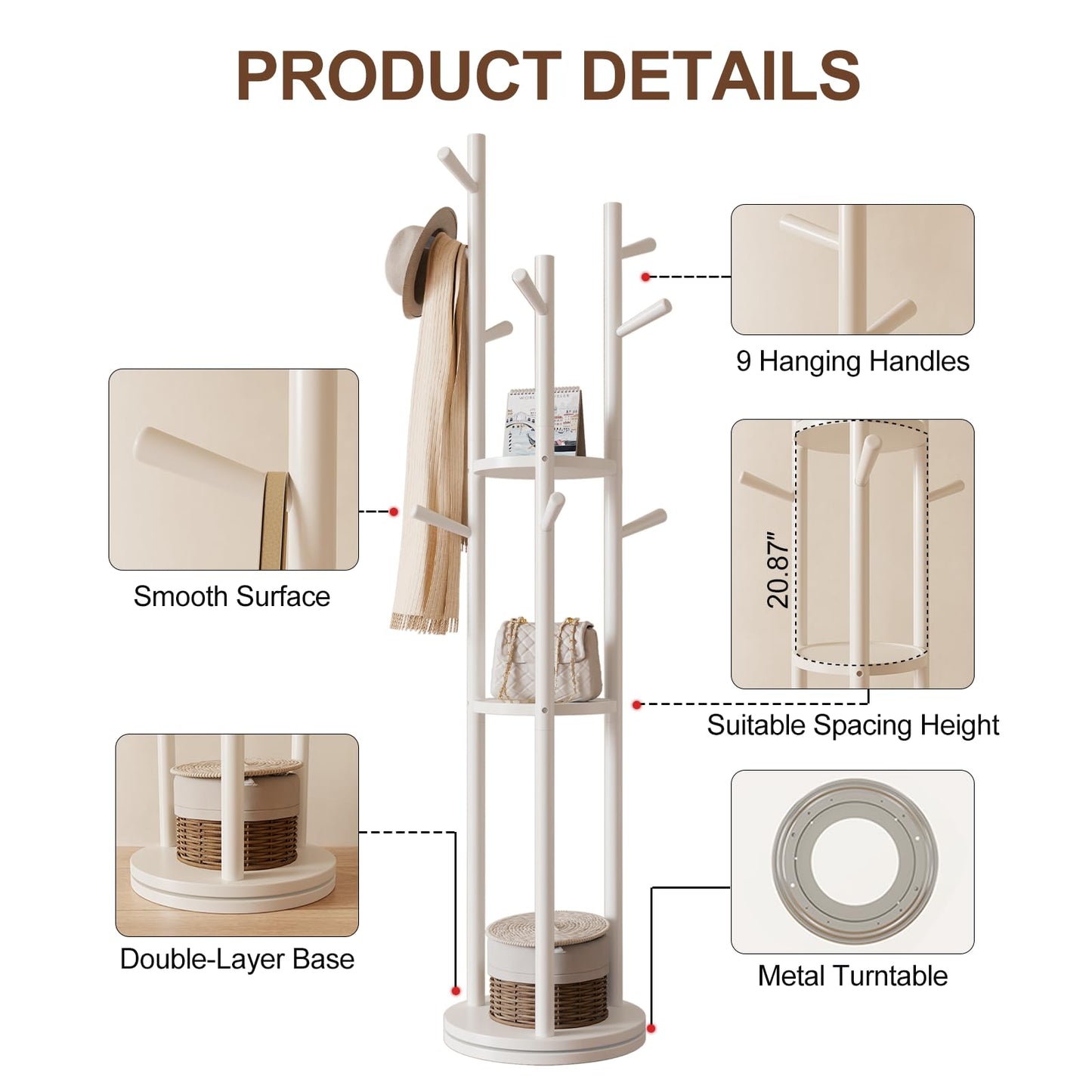 Muwuele Solid Wood Rotary Coat Rack, Freestanding Coat Rack with 3 Shelves and 9 Hooks, Coat tree for Bedroom, Entryway, Livingroom, Coat Hanger Stand for Coats, Scarves, Handbags (White)
