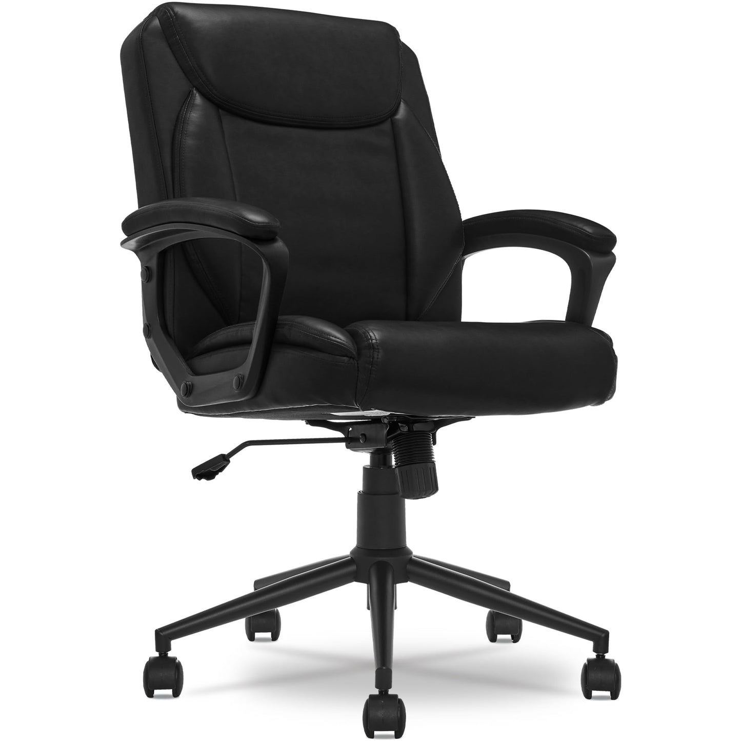 Click365 Transform 1.0 Ergonomic Office Chair, Mid Back Desk Chair with Padded Arms, Lumbar Support, Adjustable Height, Tilt Recline, Swivel Computer Chair, Bonded Leather, Black