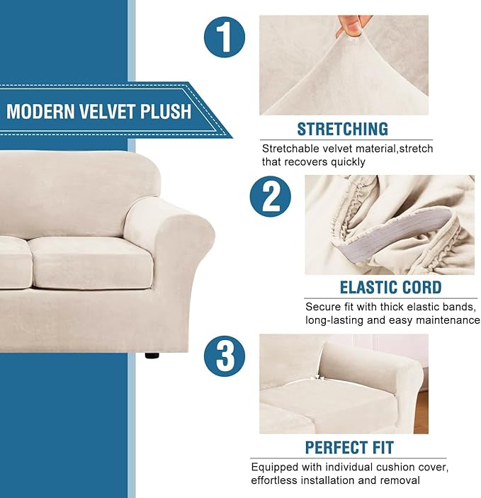 H.VERSAILTEX Modern Velvet Plush 4 Piece High Stretch Sofa Slipcover Furniture