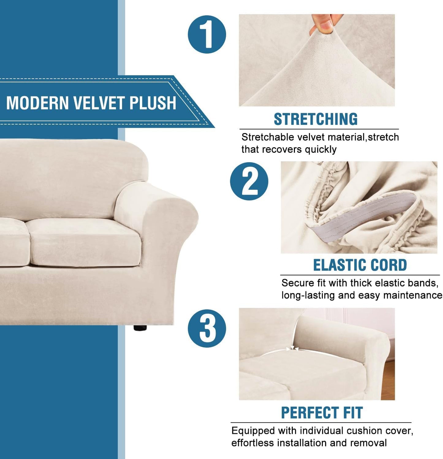 H.VERSAILTEX 3 Piece Stretch Sofa Covers Couch Covers for 2 Cushion Couch Loveseat Covers Width Up to 72 Inch Feature Thick Soft Stay in Place (Medium Sofa, Cream)