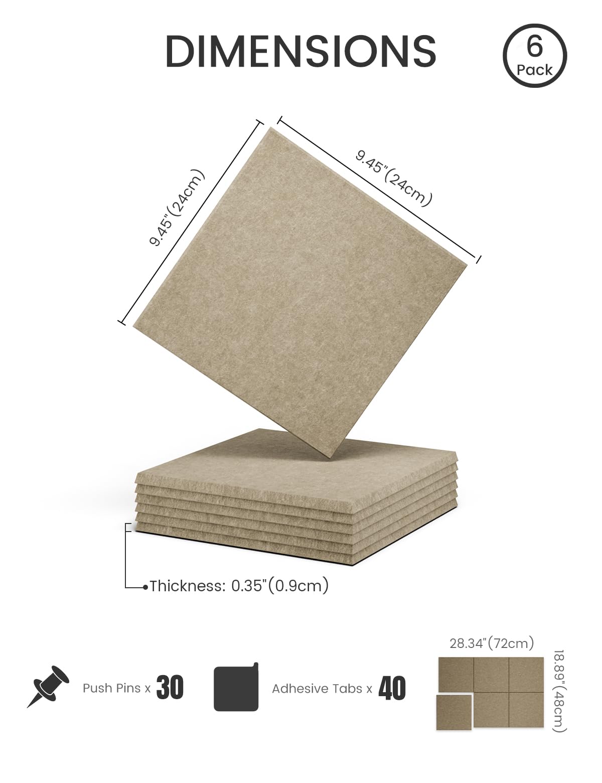 Felt Bulletin Board Tiles -28"x18" Cork Board Alternative for Office Decor, Push Pin Board Wall Organizer 6-Pack -Earth Brown