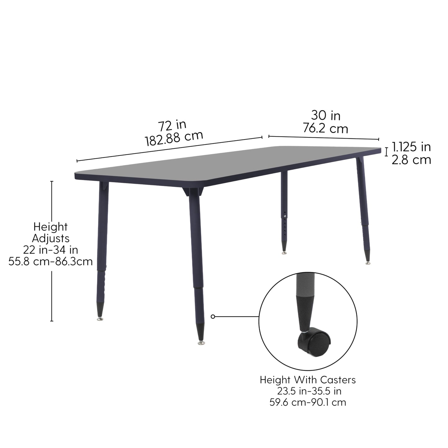 Adapte Commercial Classroom Activity Table - 30" x 72" Rectangle, ADA Compliant Tapered Legs with Glides & Casters, Adjustable Height 22-34" Wheelchair Accessible, School & Office Furniture