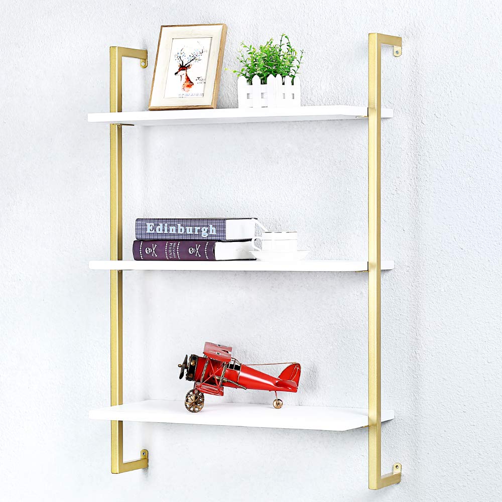OLDRAINBOW Industrial Metal Wall Shelf,Floating Shelves Wall Mounted,24in Real Wood Book Shelves,3 Tier Hanging Wall Shelves for Bedrooms Office