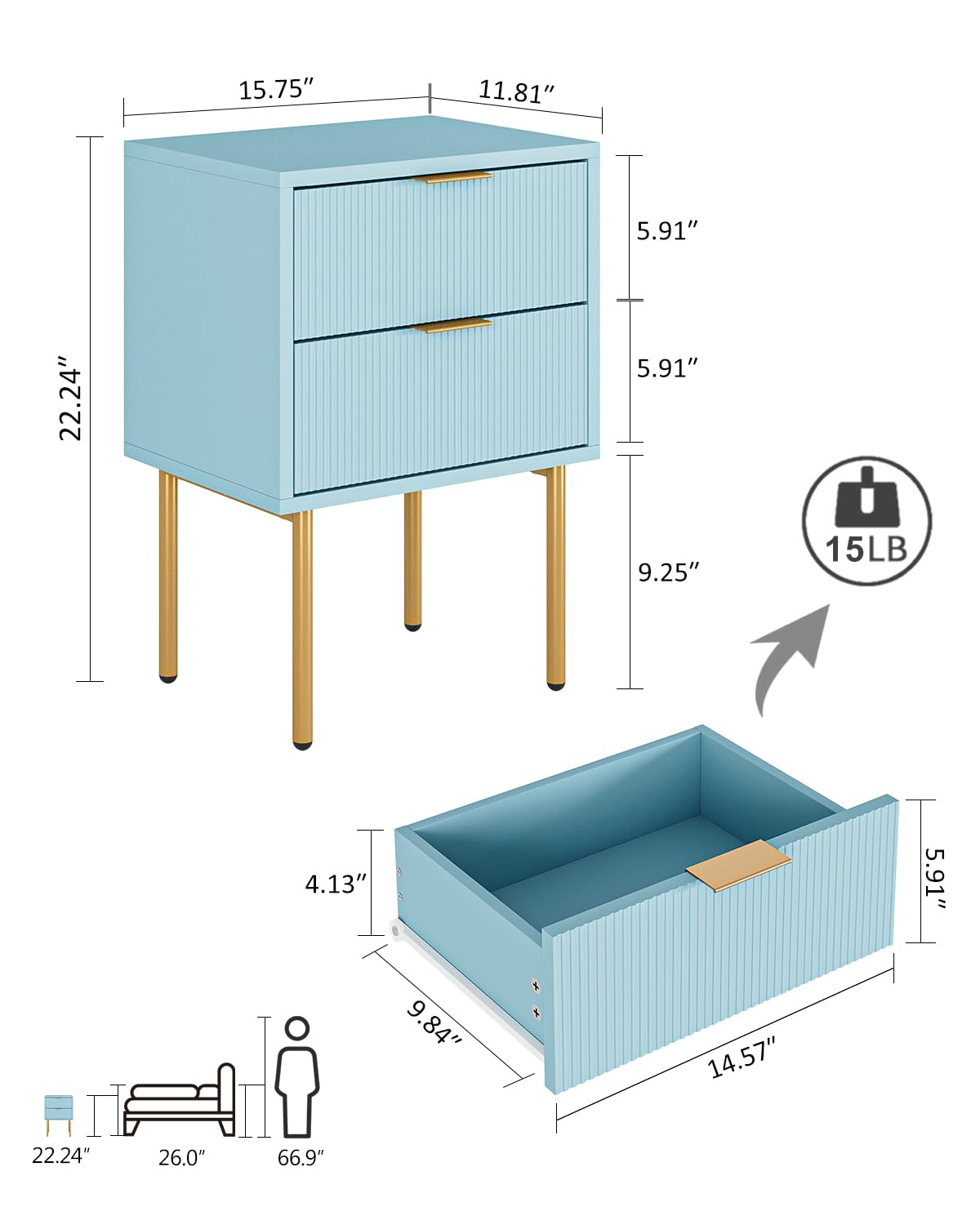 Masupu Night Stand,Mid-Century Modern Bedside Table with 2 Storage Drawer,Small Gold Frame Side End Table for Bedroom,Living Room, Blue