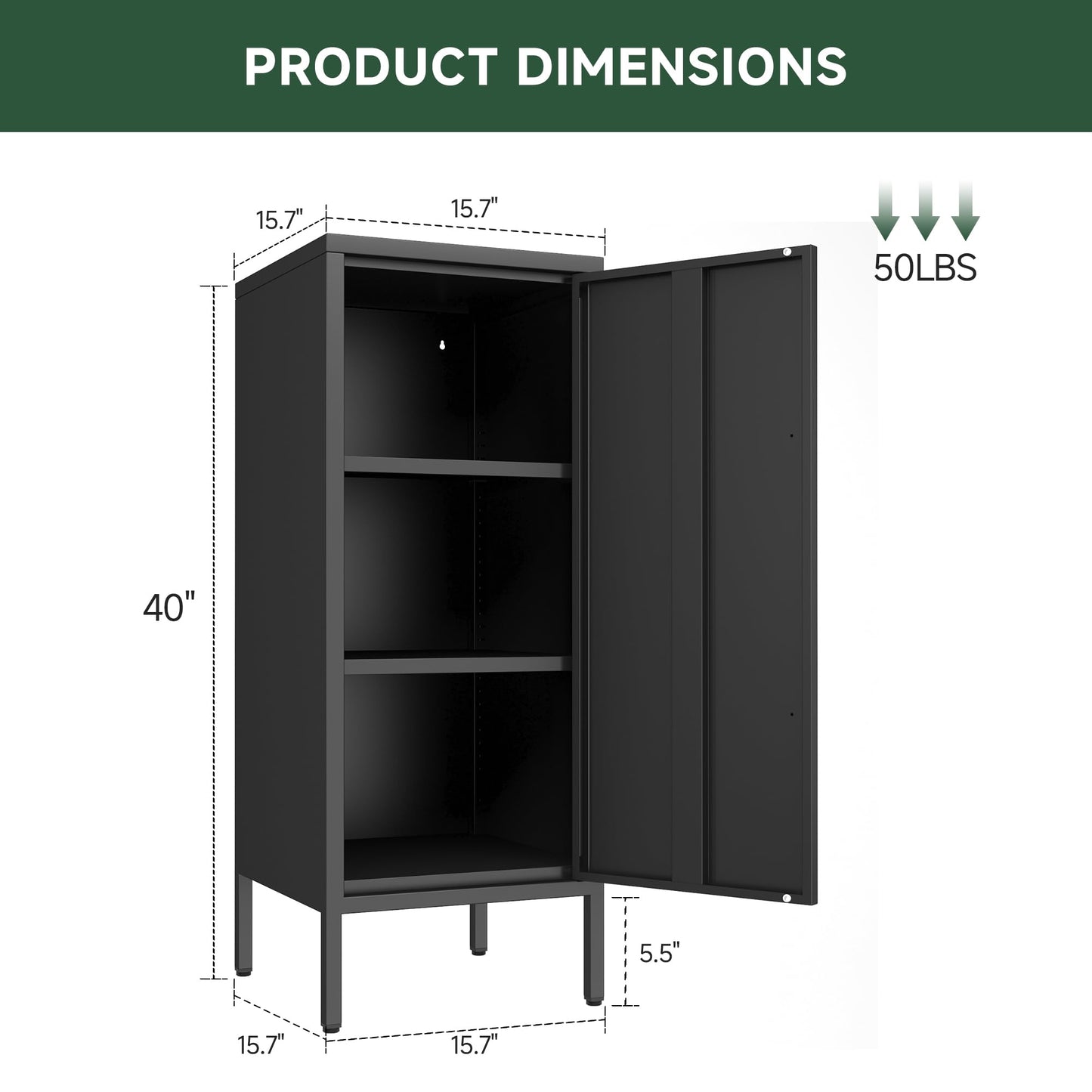 PEROKIER Metal Storage Cabinet with Door & 2 Adjustable Shelves 39.5” Small Storage Cabinet with Magnetic Closure for Home Office Garage Kitchen (Black)
