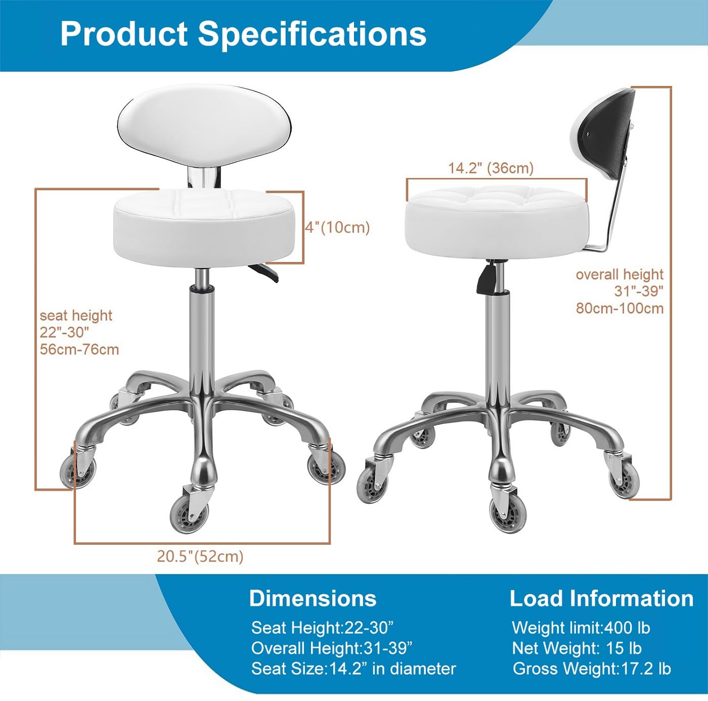 Kaleurrier Rolling Stool with Back Support: Adjustable Height 22-30 inches for Nail Lash Tech Stylist - Heavy Duty Stool Chair with Wheels for Salon Shop Office Kitchen Garage White
