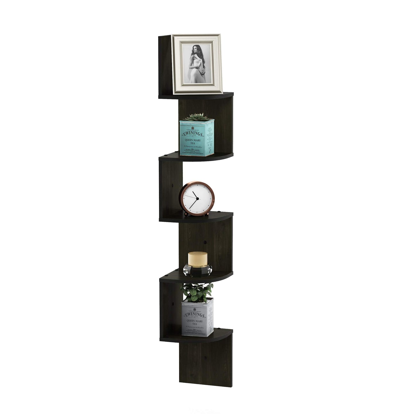 Furinno ROSSI Floating Book Shelves for Wall, 5-Tier Zigzag Corner Shelf Wall Mounted, Radial Corner Floating Shelf, for Living Room, Bedroom, Bathroom, Home Office, Espresso