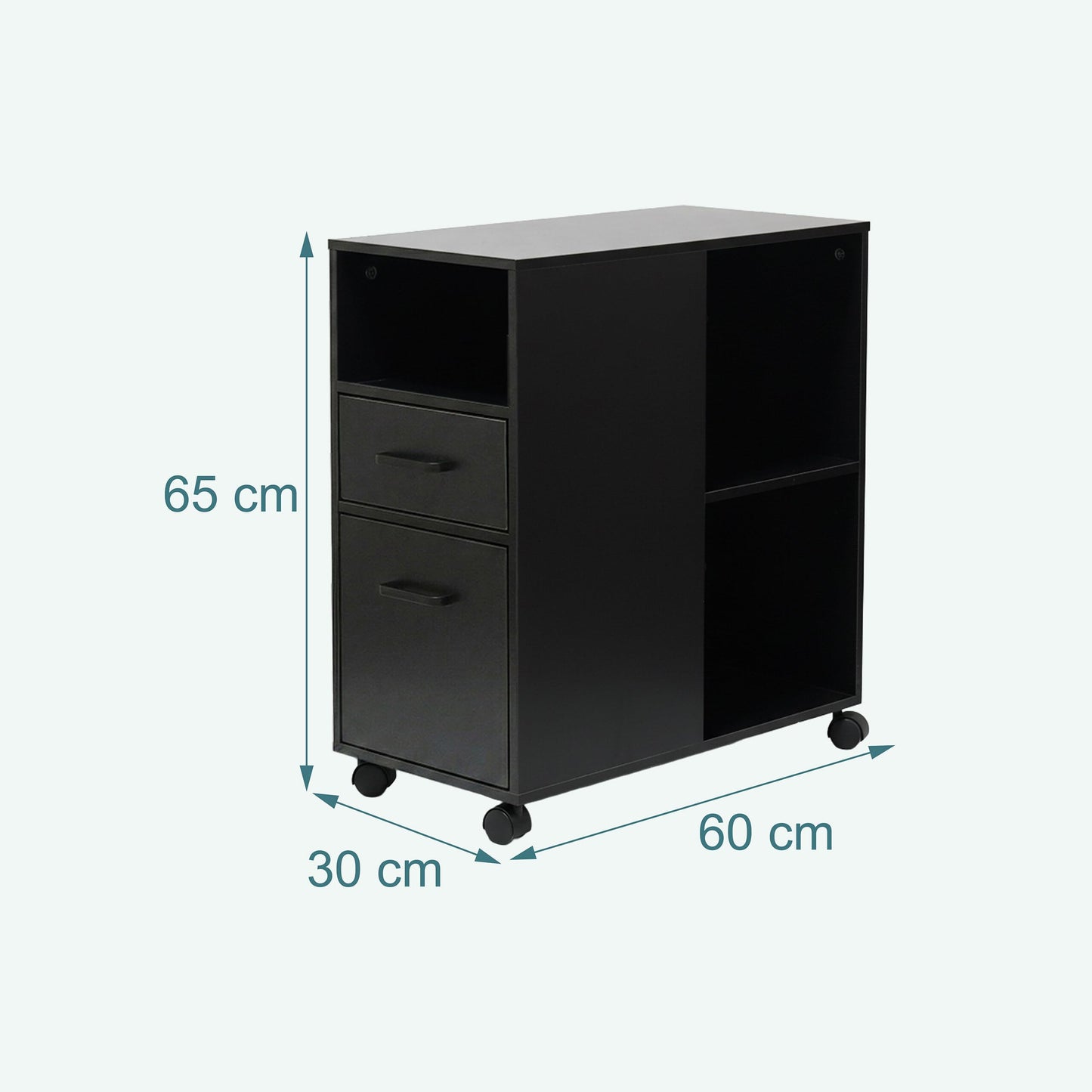 Relaxdays Mobile Pedestal with 2 Drawers and 3 Compartments, MDF, 65x30x60 cm, Black