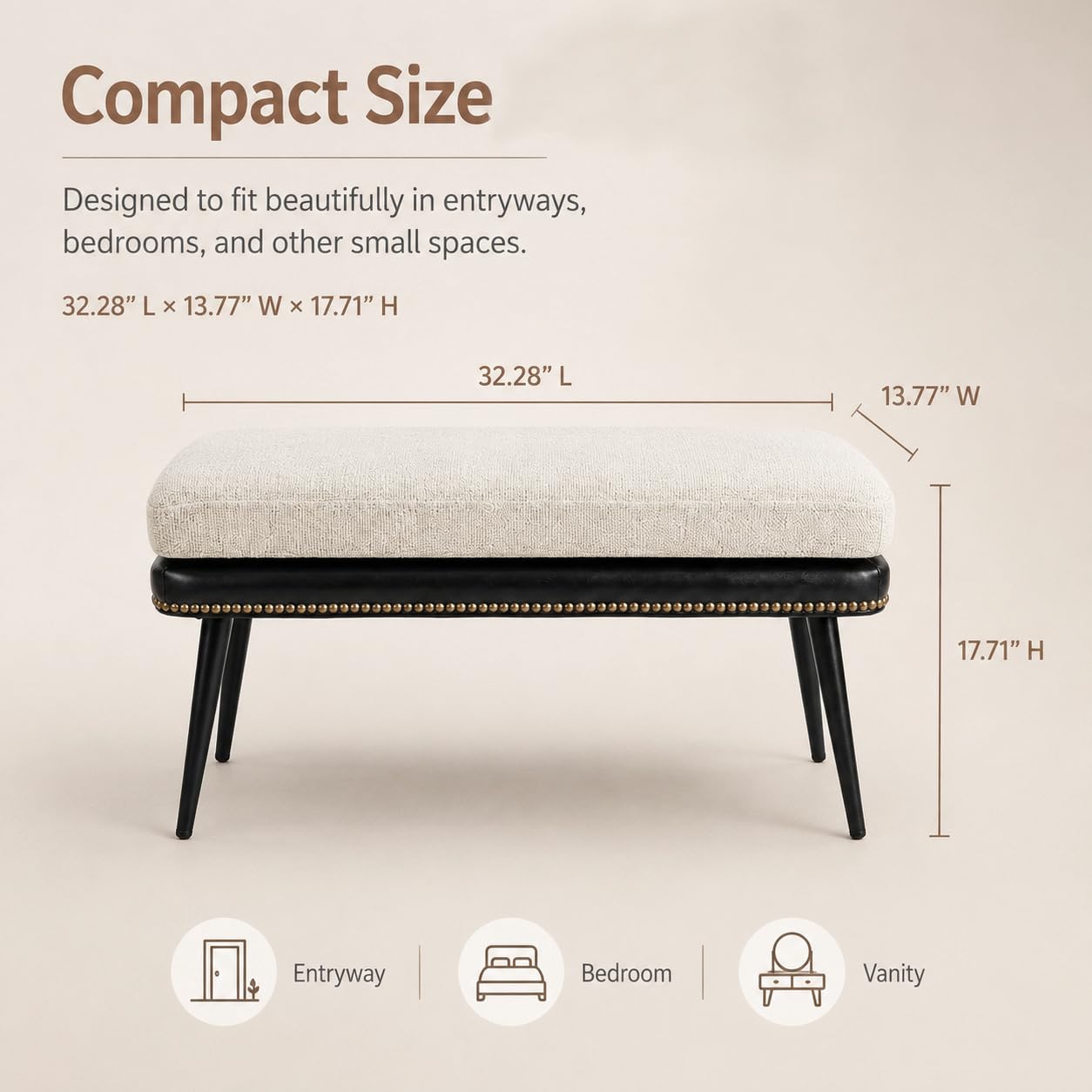 Forteek 32" Retro Upholstered Entryway Bench, Leather & Fabric Shoe Bench with Removable Cushion, End of Bed Bench for Bedroom, Small Dining Bench for Living Room, Storage Bench for Hallway & Foyer