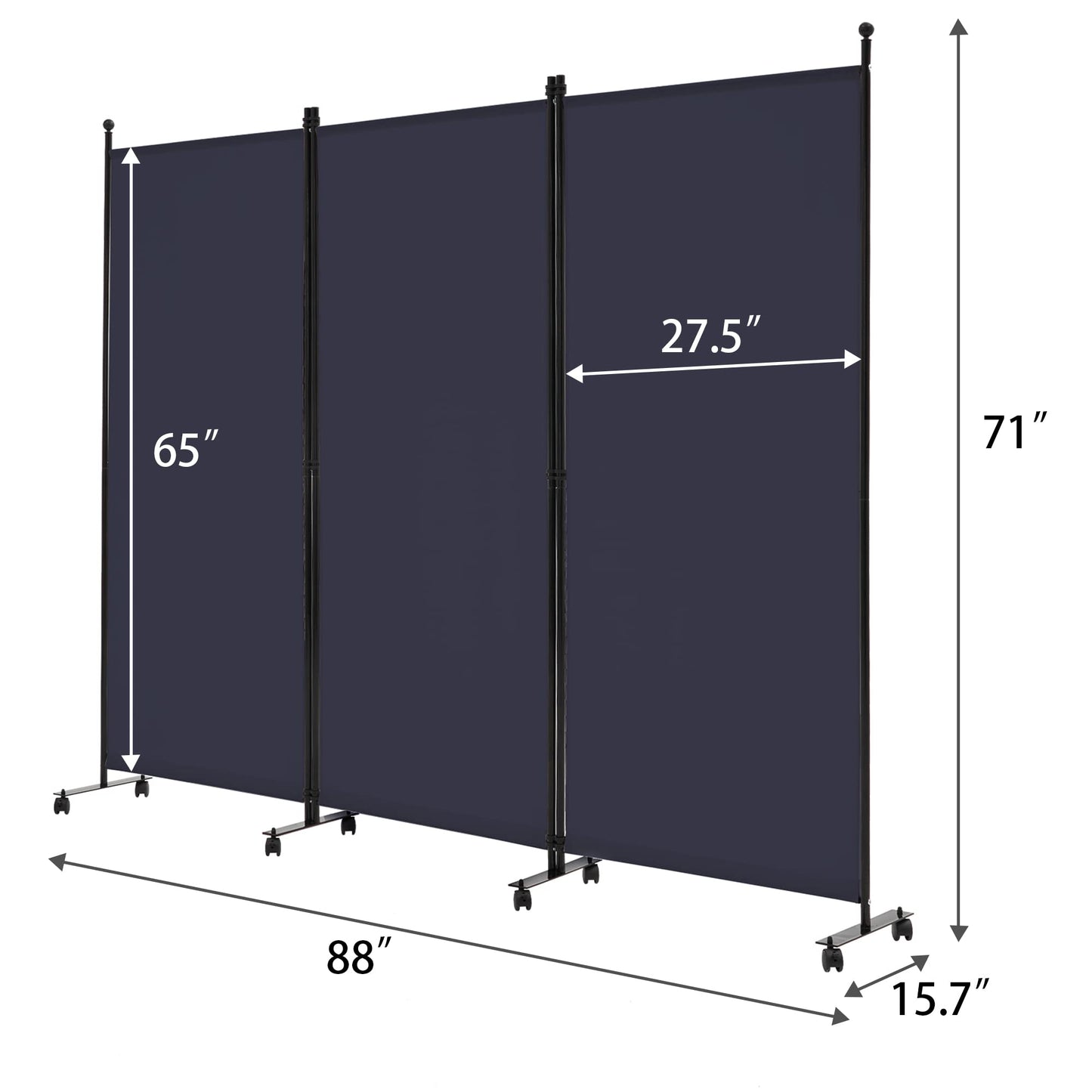 Spurgehom 3 Panel Rolling Room Divider, Folding Partition Privacy Screens, Freestanding Fabric Room Panel, Portable Folding Wall Divider for Office, Room, Restaurant, Hospital (Blue)