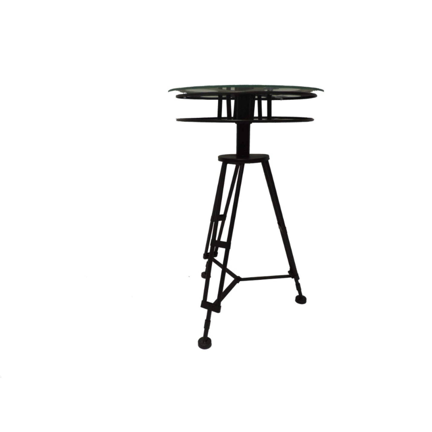 Deco 79 Metal Side End Accent Table Film Reel End Table with Tripod Legs and Glass Top, Side Table 15" x 15" x 25", Black