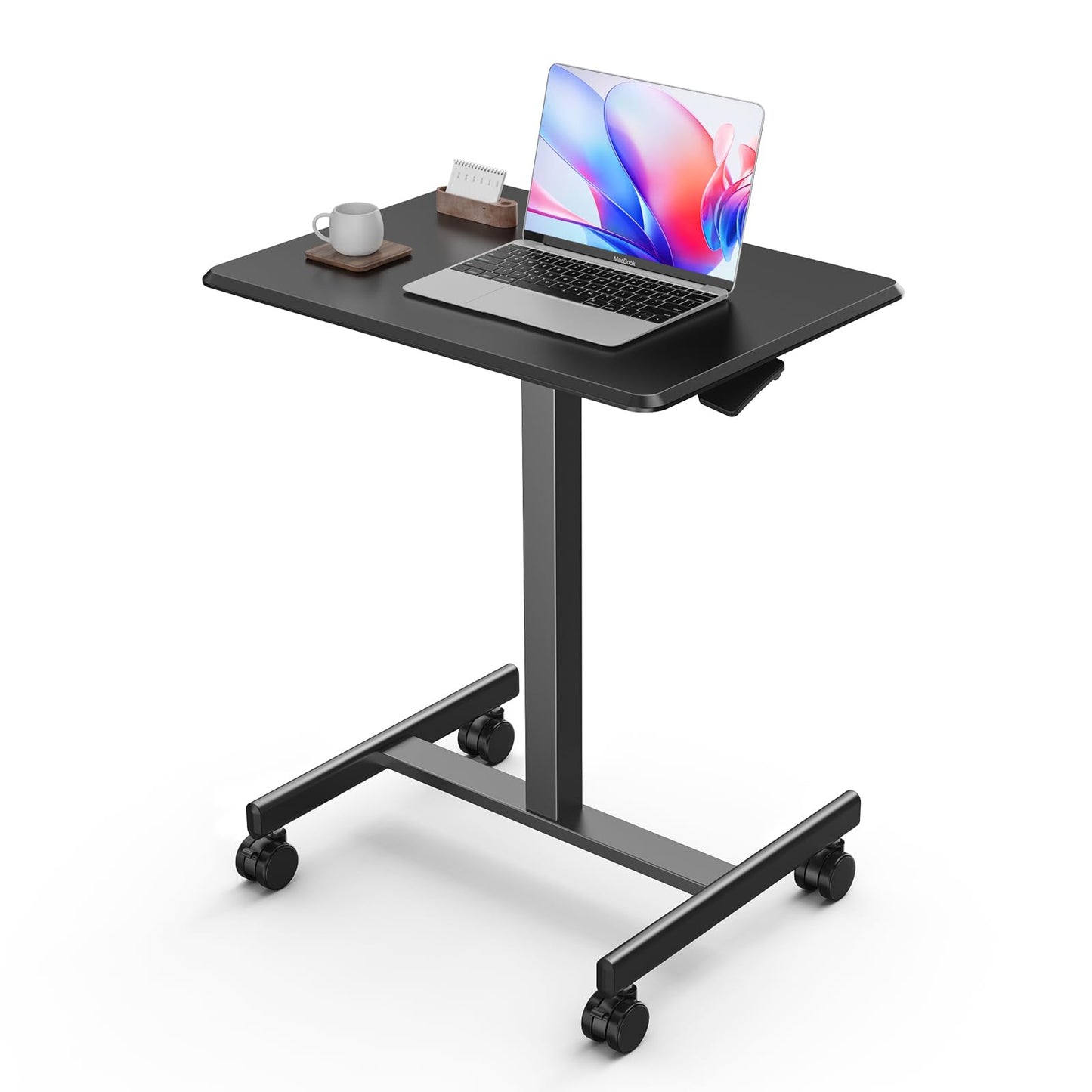 DUMOS Small Rolling Desk Mobile Standing Portable Laptop PC Table with Wheels Adjustable Height Computer Workstation for Home Office, Compact Small Space, Easy Assembly, Modern Black