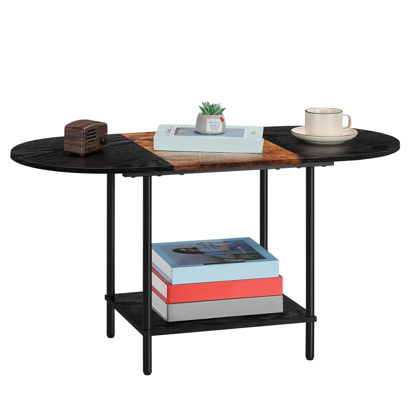 KANEODOT Coffee Tables for Living Room,Mid Century Small Oval Center Table with 2-Tier Storage Shelf and Wood Tabletop,Farmhouse Narrow Cocktail Tea Table for Small Space,Apartment,Black Brown
