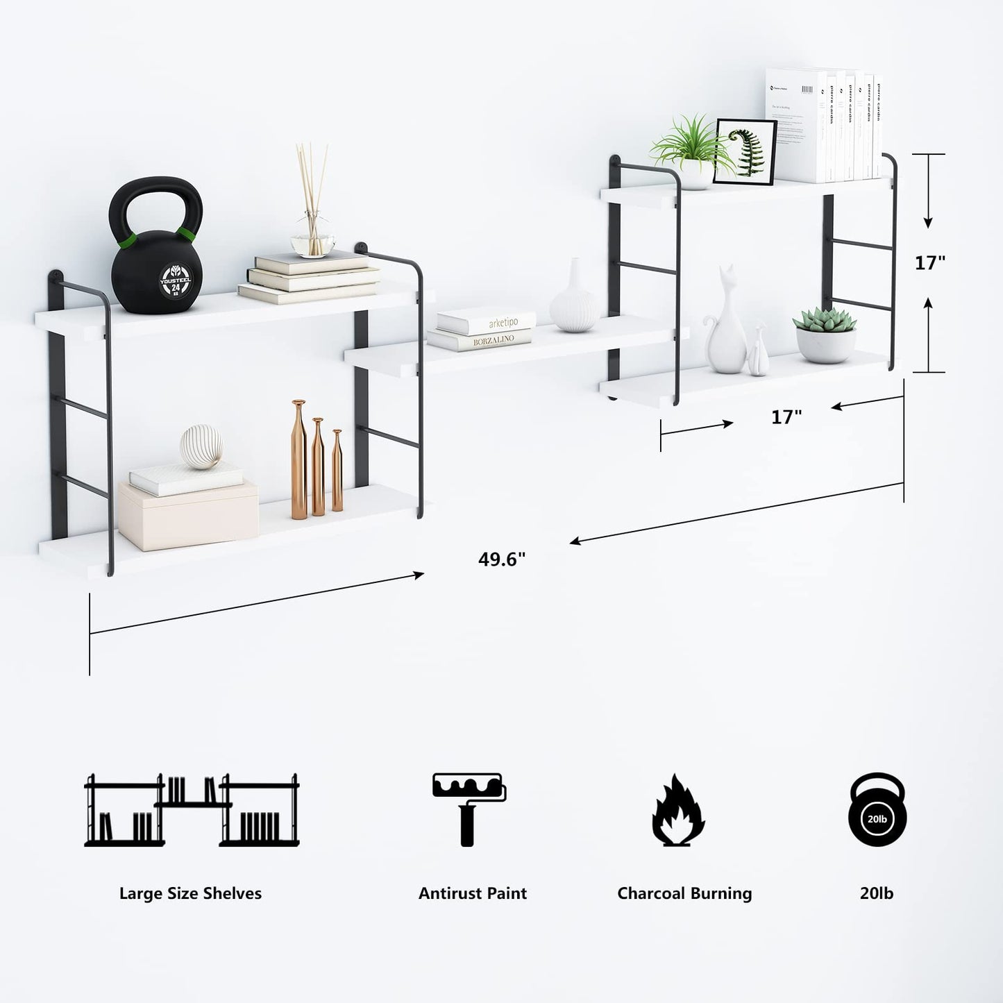 MXCSE Wall Shelves, Wall Mounted Bookshelves, DIY Floating Shelves for Wall, Wood Hanging Book Shelves for Room, Bedroom, Living Room, Easy Installation (White, 50W x 17H)
