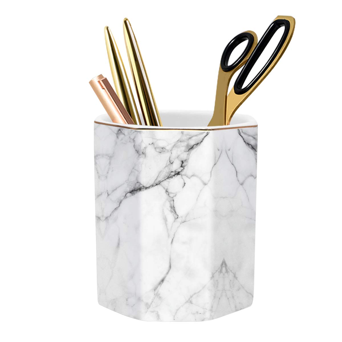 WAVEYU Pen Holder, Stand for Desk Pencil Cup for Girls Kids Durable Ceramic Desk Organizer Makeup Brush Holder for Office, Classroom, Home, White Marble