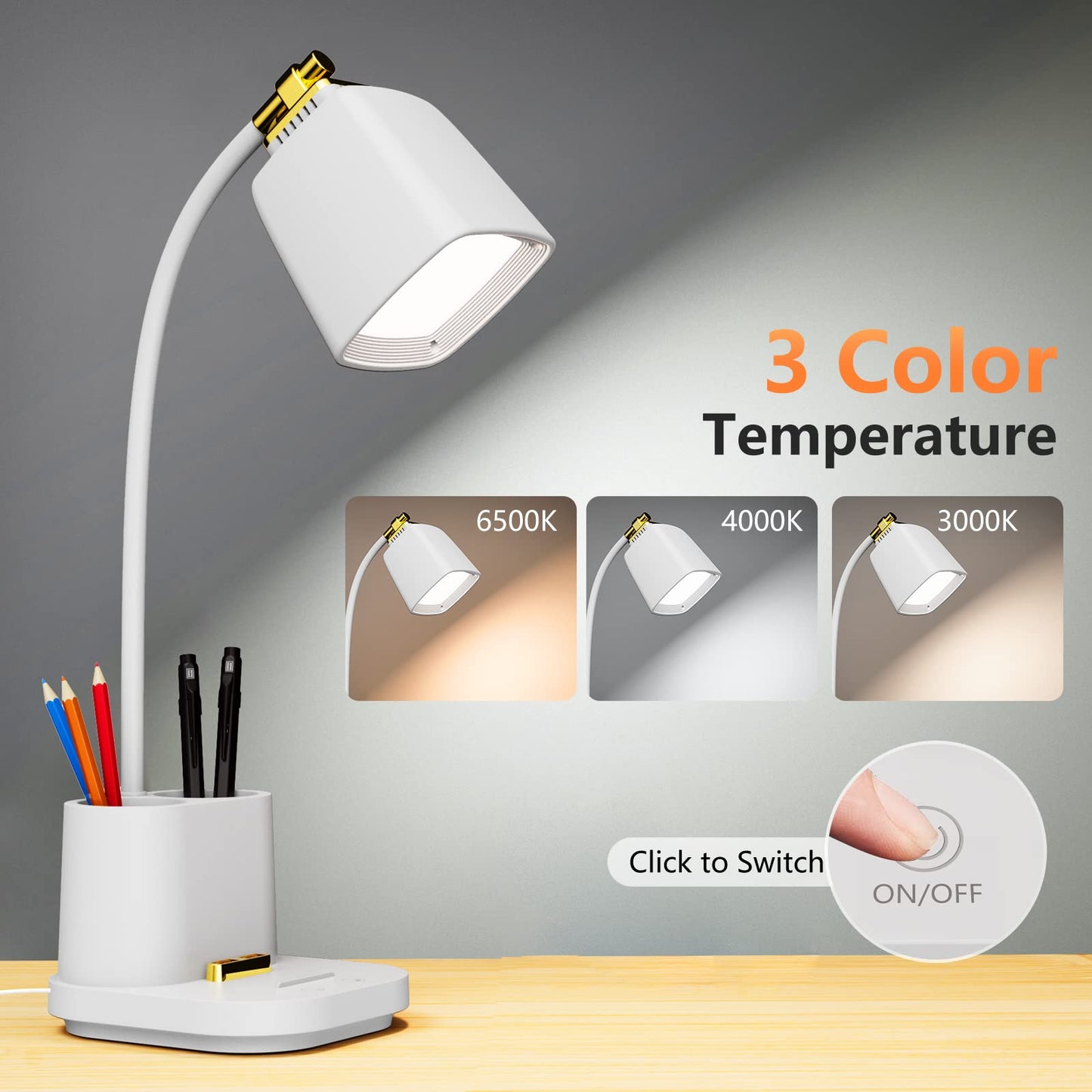GONDSILY LED Desk Lamp with USB Charging Port Touch Control 3 Color Modes, Stepless Dimming,Eye-Caring LED Table Lamp for Home,Office,Bedroom,Reading,Work,Study,Gooseneck Lamp, 5V, 2.4A
