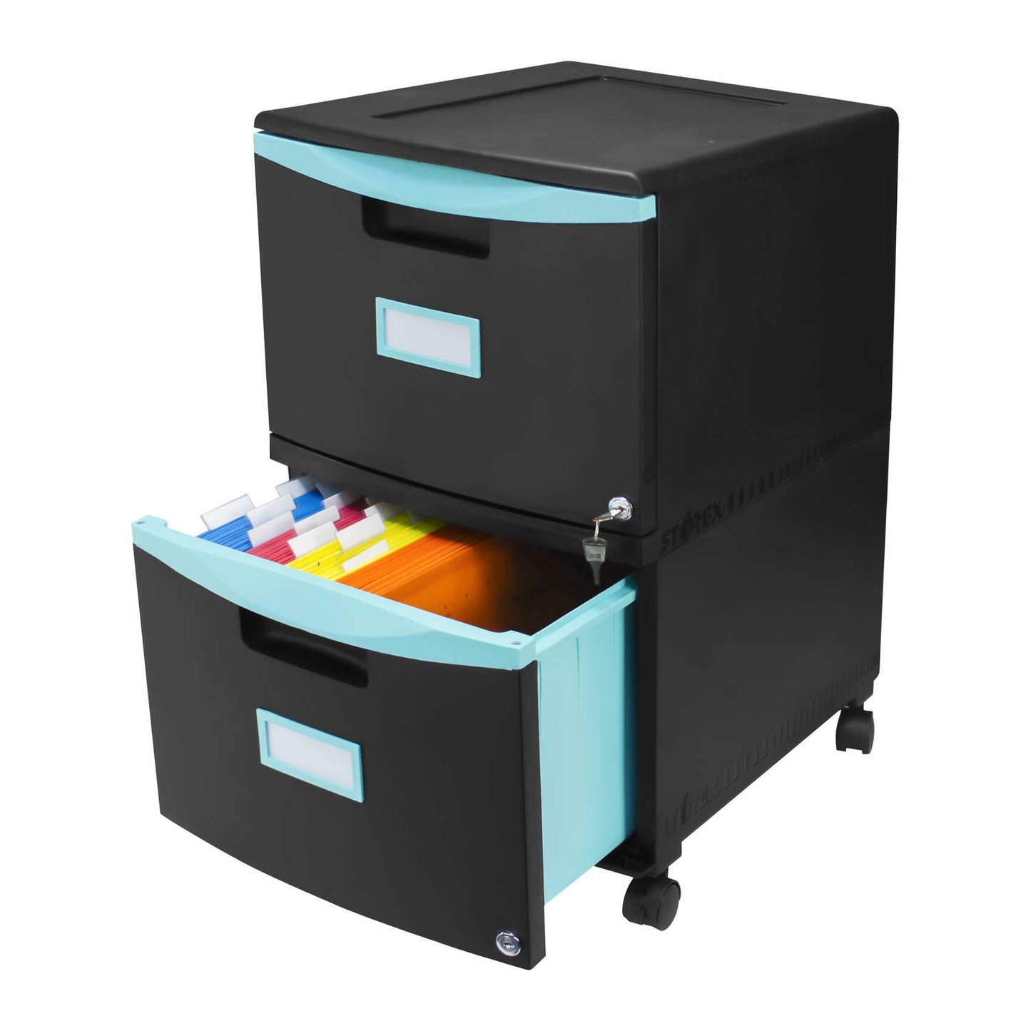 Storex Plastic Two-Drawer Mobile Pedestal File Cabinet – Locking Document Organizer with Casters for Home and Office, Black, 1-Pack (61315C01C)