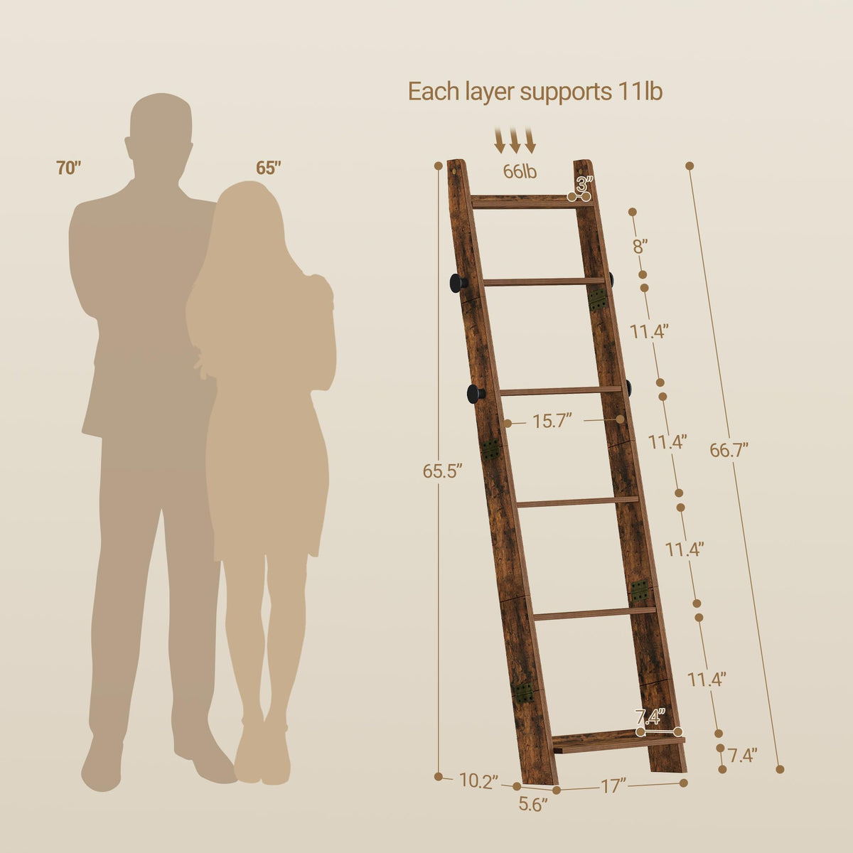 Hzuaneri Blanket Ladder for Living Room, Decorative Quilt Rack with 4 Removable Hooks, 6-Tier Blanket Ladder Shelf for Bedroom,Rustic Brown BR30601X