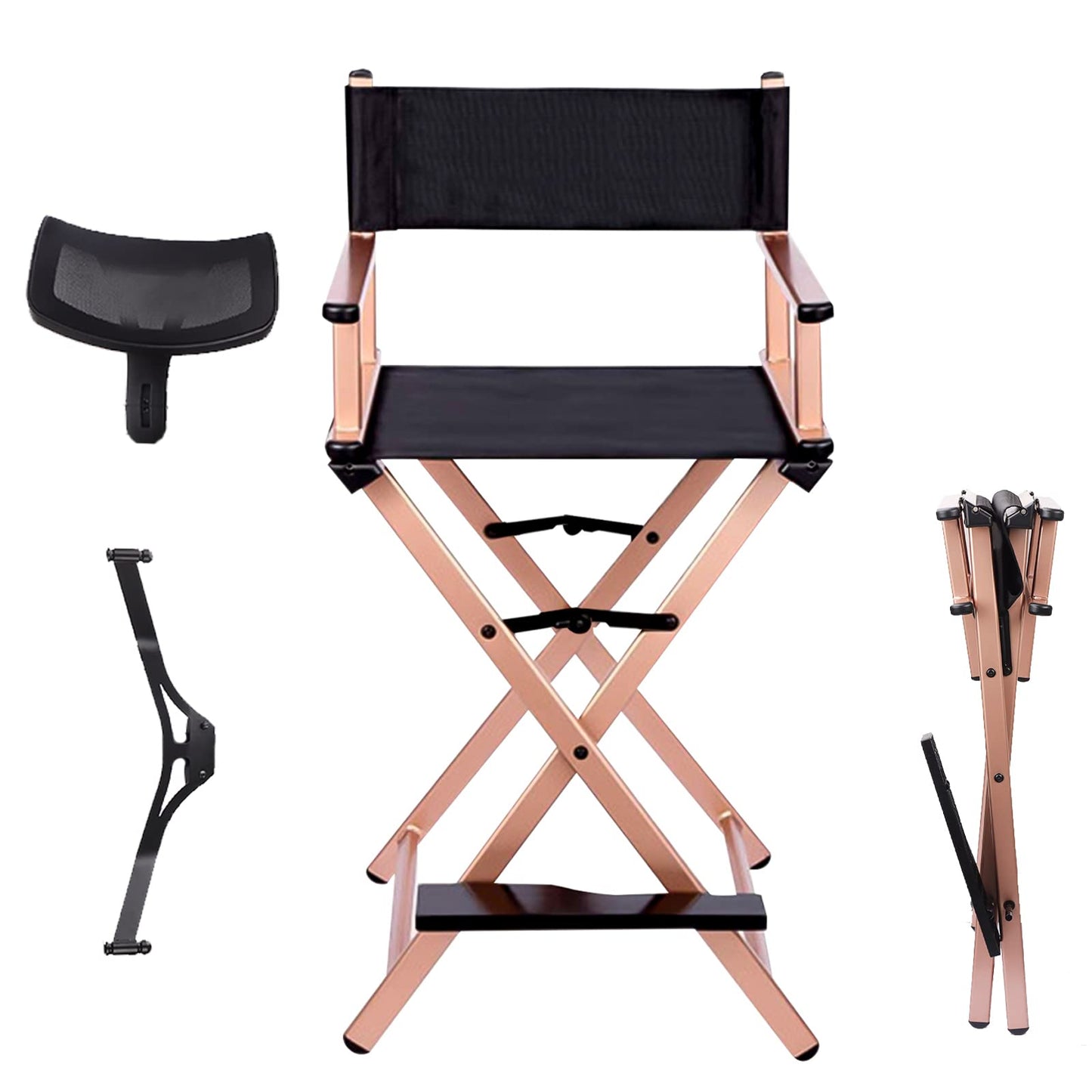 Lorvain Folable Makeup Artist Stool Chair, Protable Tall Folding Directors Chair, Aluminum Makeup Chair with Head Rest for Studio Salon Vanity, Bar Height - Gold Chairs