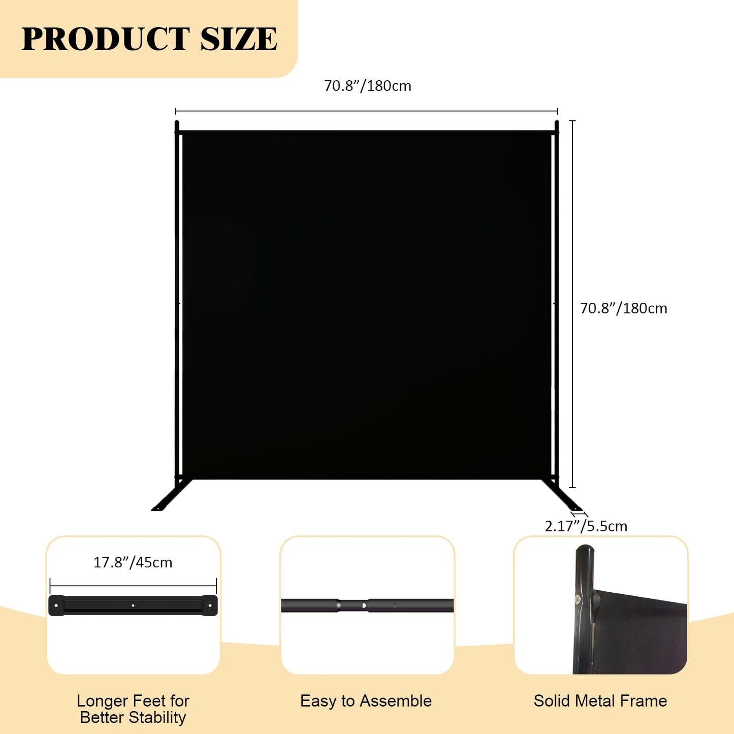 T&Jero 1-Panel Folding Room Divider, 6ft Tall Portable Privacy Screen Wall for Home and Office, Modern Freestanding Partition Separator for Bedroom, Studio, 71" Wide x 71" High, Black