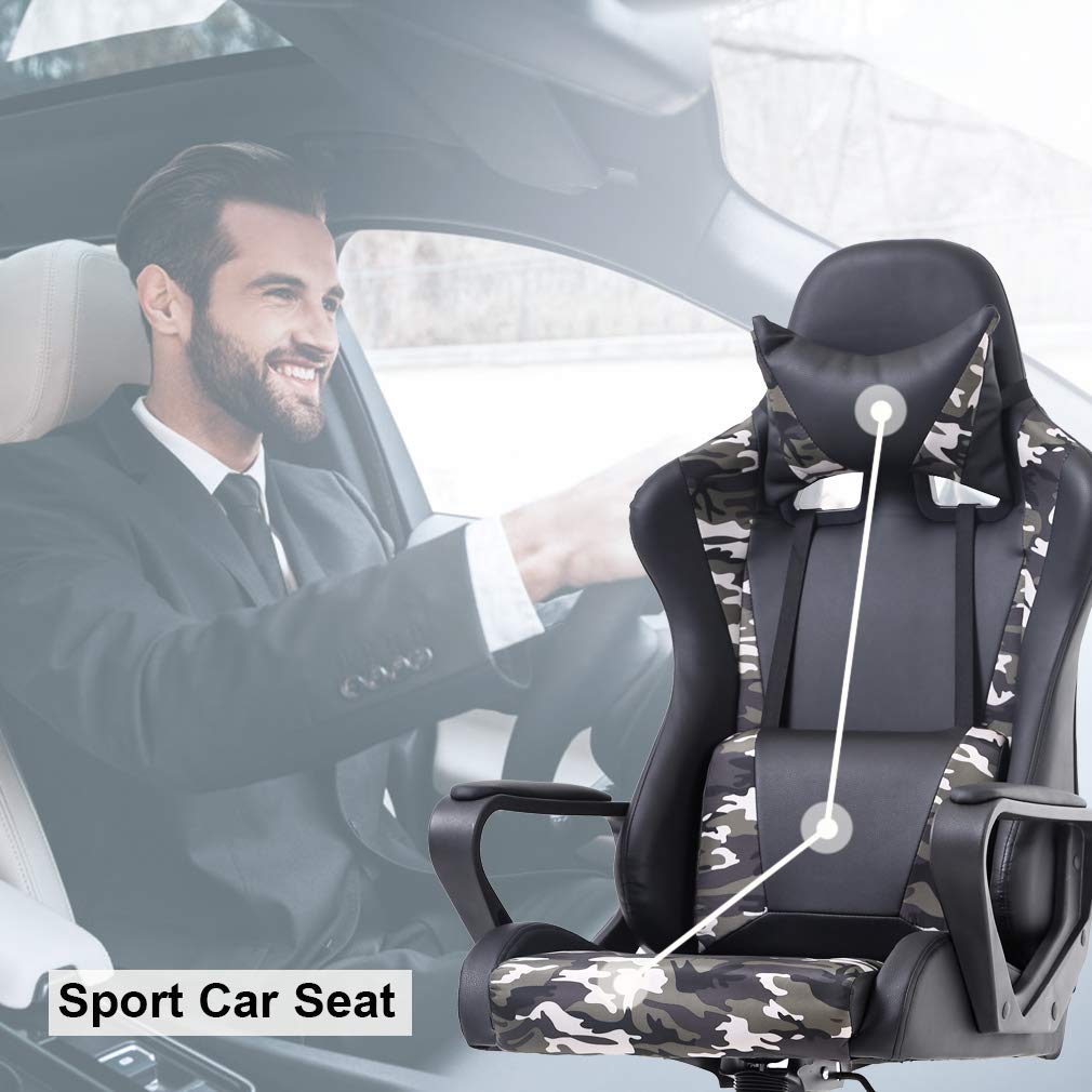 PC Gaming Chair Ergonomic Office Chair Massage Desk Chair with Lumbar Support Arms Headrest High Back PU Leather Racing Chair Rolling Swivel Executive Adjustable Computer Chair for Women Adults(Camo)