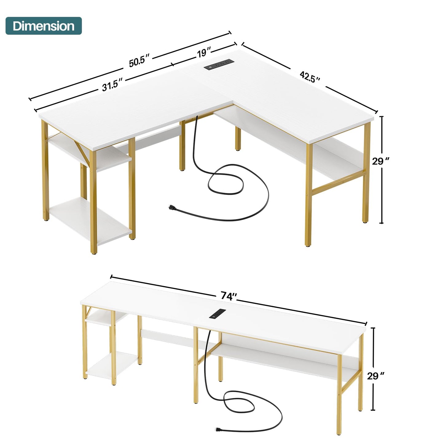 Unikito Reversible L Shaped Desk with Magic Power Outlets and USB Charging Ports, Sturdy Corner Computer Desk with Storage Shelves, Gaming Table Home Office Desk, Easy to Assemble, White and Gold