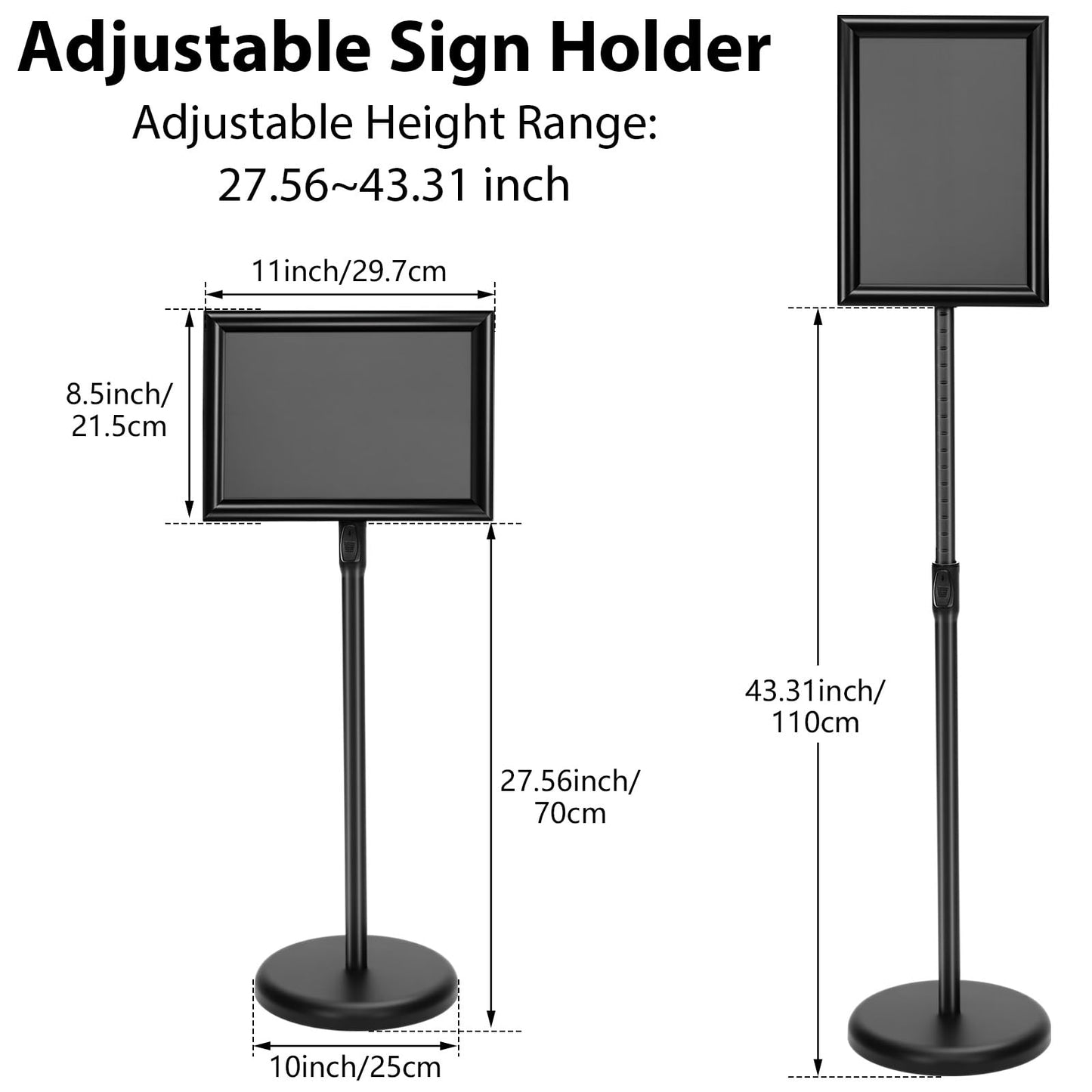 Feifeiya 6 Pack Adjustable Sign Stand Holder 8.5'' x 11" Floor Standing Sign with Base and Snap open Frame Pedestal Stand for Indoor Outdoor Display Vertical Horizontal View(Square Corner,Black)
