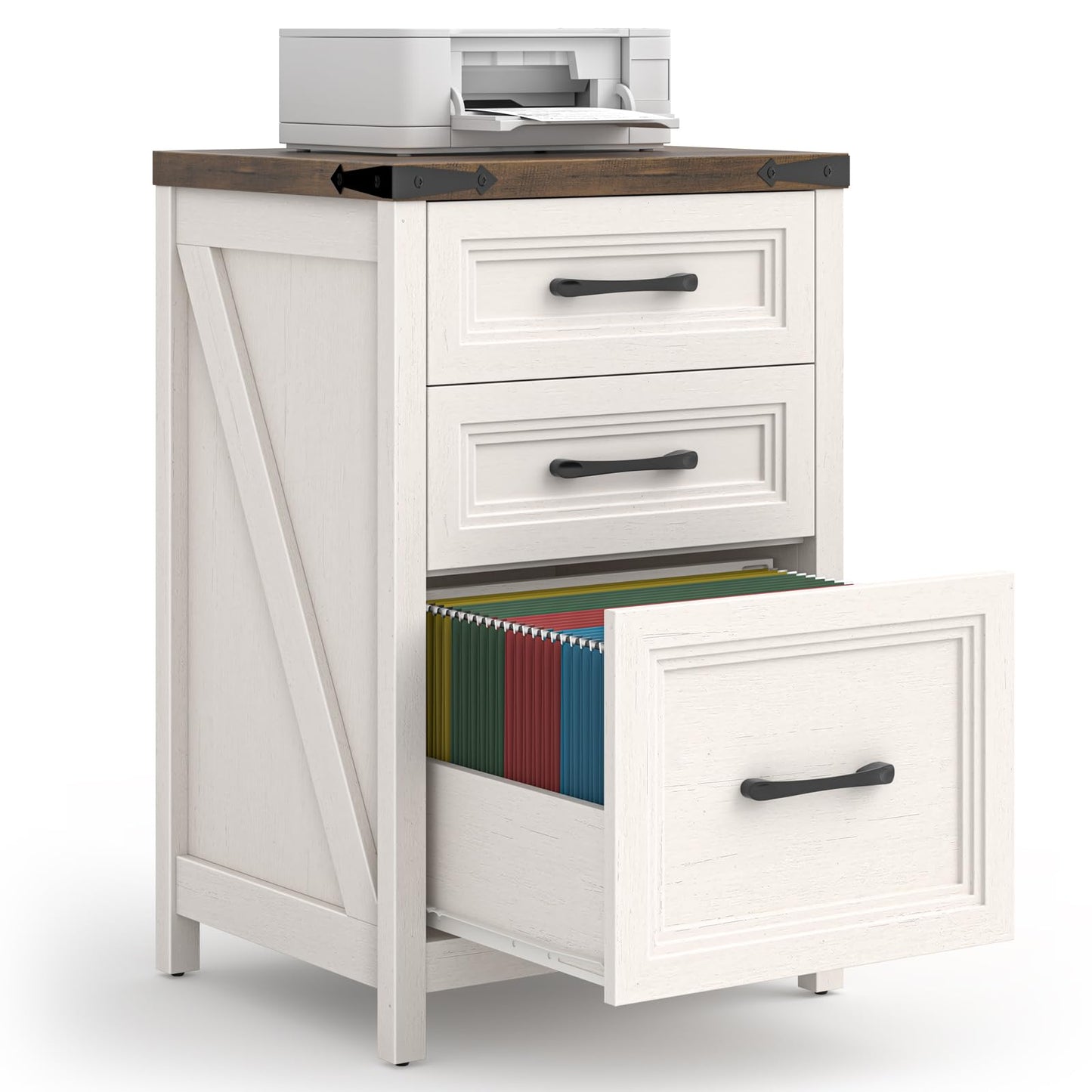 Vabches 3 Drawer Vertical File Cabinet, Wood Farmhouse Filing Cabinet Fits A4/Letter Size, Under Desk Small File Cabinets Printer Stand with Storage for Home Office, White and Brown