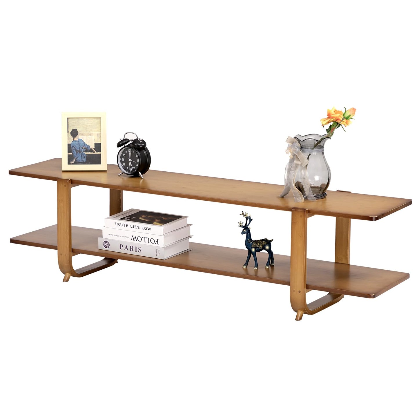 HollyHOME Bamboo TV Stand with Storage for TVs up to 65'', Modern Entertainment Center with 2 Open Shelf, Accent TV Media Console Table for Living Room, Bedroom, 55"(L), Walnut