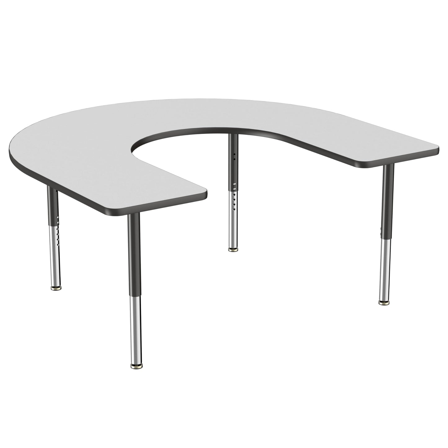 FDP Mobile Horseshoe Activity School and Office Table (60 x 66 inch), Super Legs with Glides and Casters for Collaborative Environments, Adjustable Height 19-30 inches - Gray Top and Black Edge