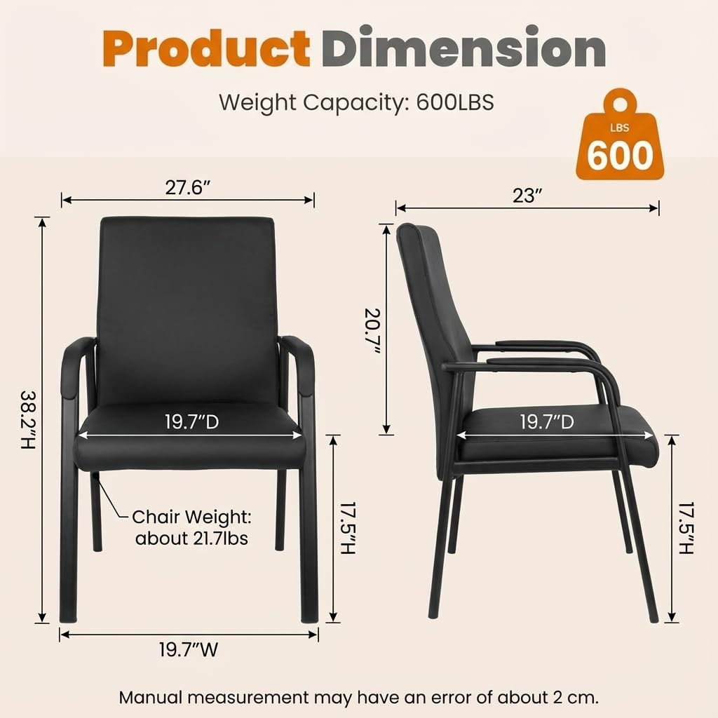 SLKJChr Leather Office Guest Chair, Guest Conference Room Chair, 600 LBS Capacity High Back Reception Chair with Padded Armrests, No Wheels, Black - 1 Pack