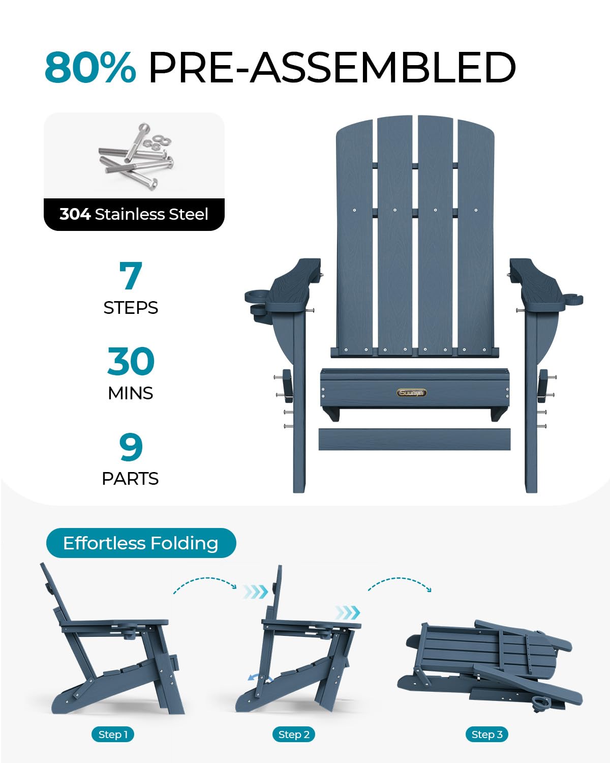 SUUNYN Folding Adirondack Chair, HDPE Adirondack Chairs with 2 Cup Holder, Plastic All-Weather Fire Pit Chairs, Outdoor Lawn Chair for Patio Garden (Navy Blue)