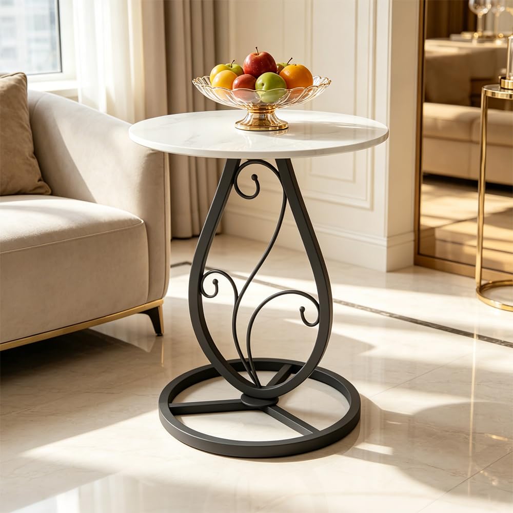 Round End Table Living Room, BOHO Small Side Table with Luxury Marble Top & Black Metal Base, Modern Coffee Accent Table, Bedside Nightstand for Bedroom, Sofa End Table for Couch Outdoor Patio (Black)