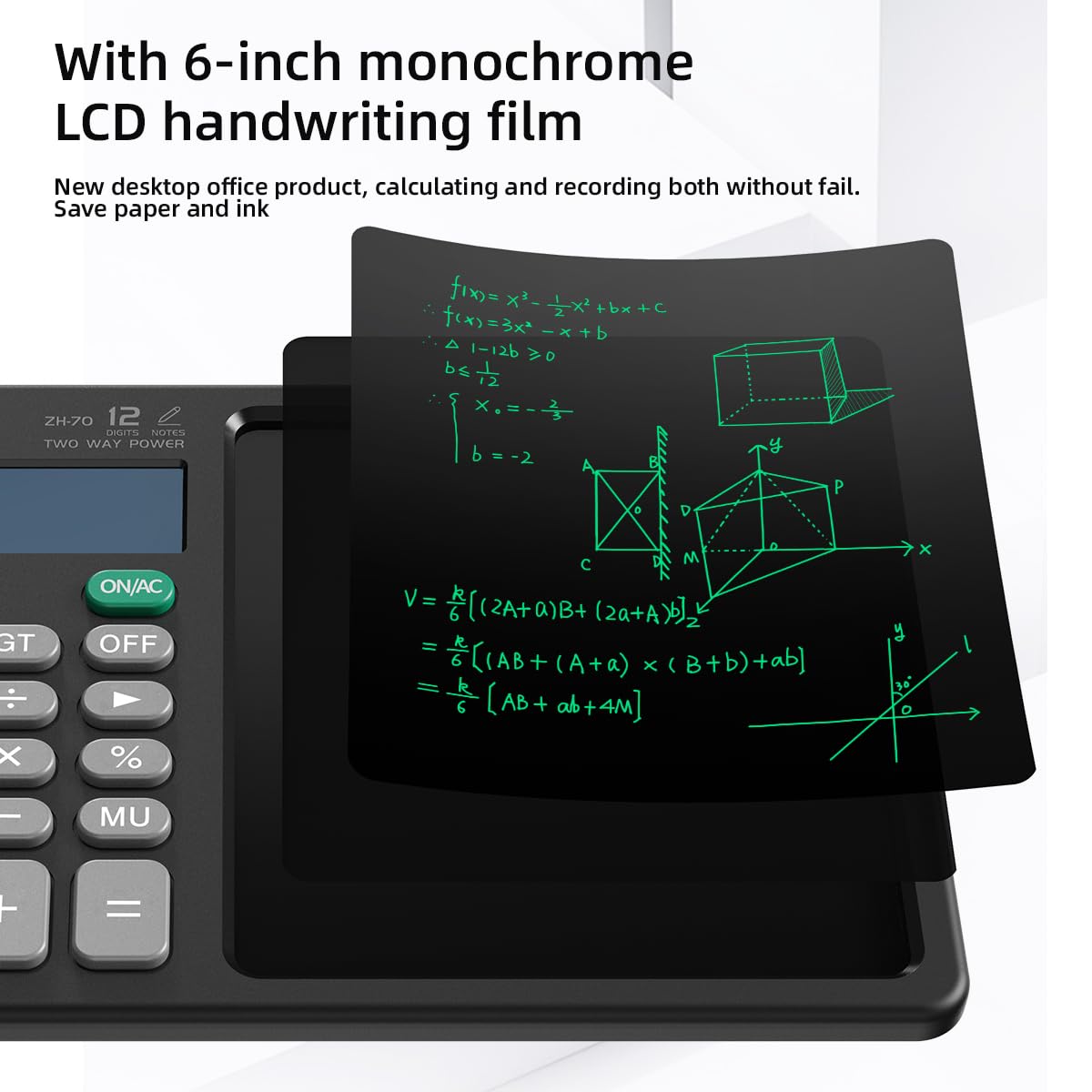 Desk Calculator with Erasable Writing Pad, 12-Digit Wide Screen Display, 100,000+ Reusable LCD Notepad, One-Click Clear & Lock Function, Solar and Battery Dual Power for Office,School,Business (Black)