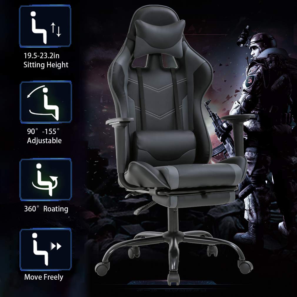 BestOffice | Ergonomic Gaming Chair | Grey | Reclining Computer Chair with Lumbar Support, Headrest Pillow, Adjustable Footrests | 360 Swivel with Heavy Duty Wheels | for Home & Office