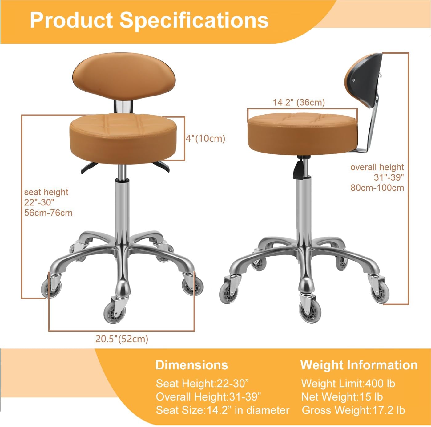 Kaleurrier Rolling Stool with Back Support: Adjustable Height 22-30 inches for Nail Lash Tech Stylist - Heavy Duty Stool Chair with Wheels for Salon Shop Office Kitchen Garage