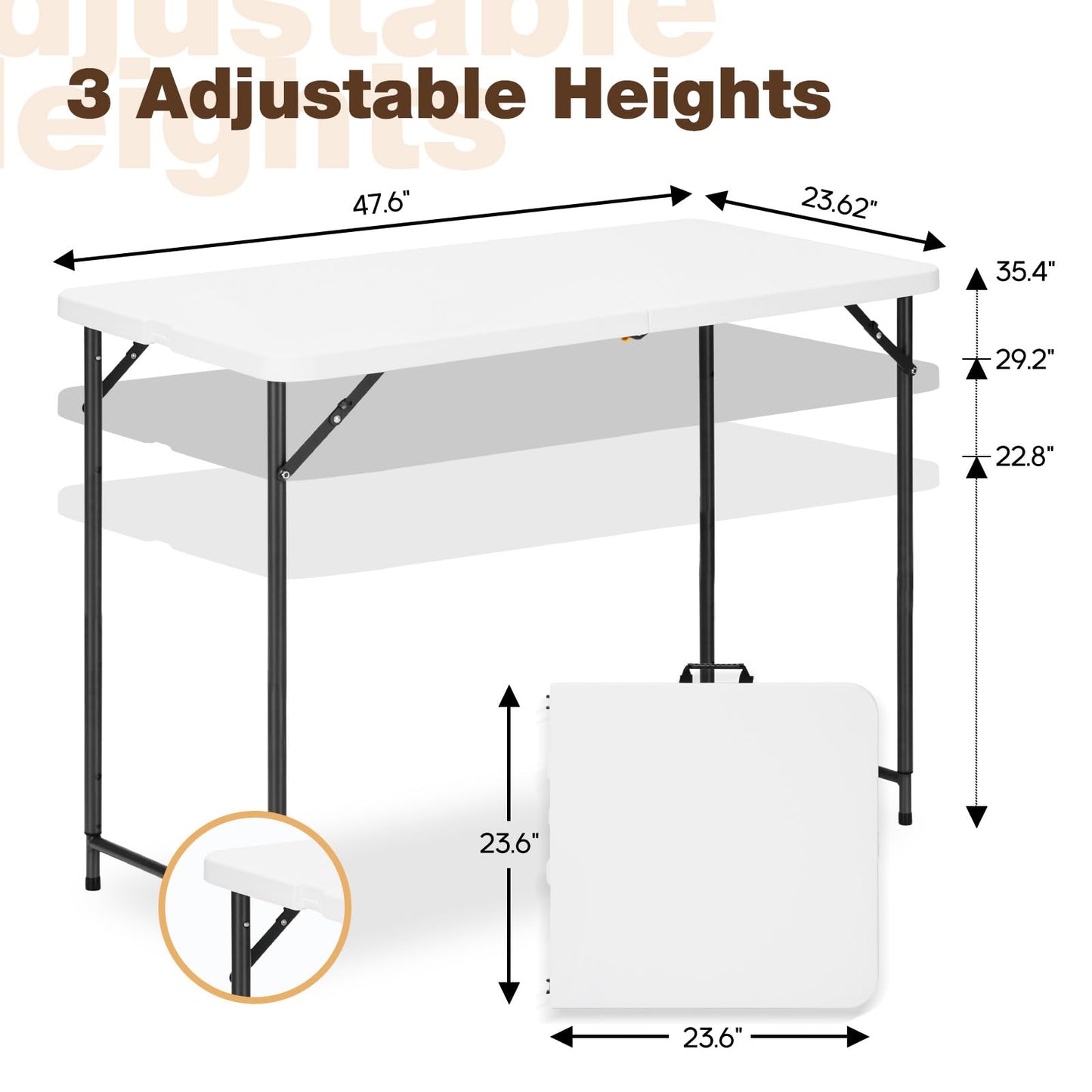 GlowitLian 4ft Folding Table with Adjustable Height, 3-Level Foldable Table with HDPE Top & Steel Legs, Portable 4 Foot Folding Table for Picnic, Party, Craft, Indoor Outdoor Use, White