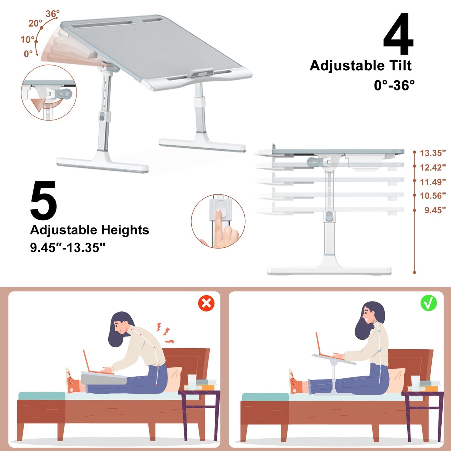 Potuopy Laptop Stand for Bed, PVC Leather Adjustable Bed Desk Table Tray, X-Large Folding Lap Desk with Drawer for Eating Writing Drawing Working on Couch Floor, Grey
