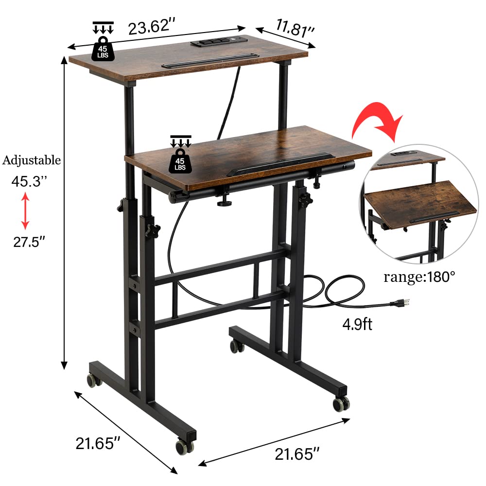 Hadulcet Mobile Standing Desk with Wheels, Rolling Desk Adjustable Height, Portable Laptop Table with Charging Station, Sit Stand up for Home Office, Study, Classroom, Rustic Brown