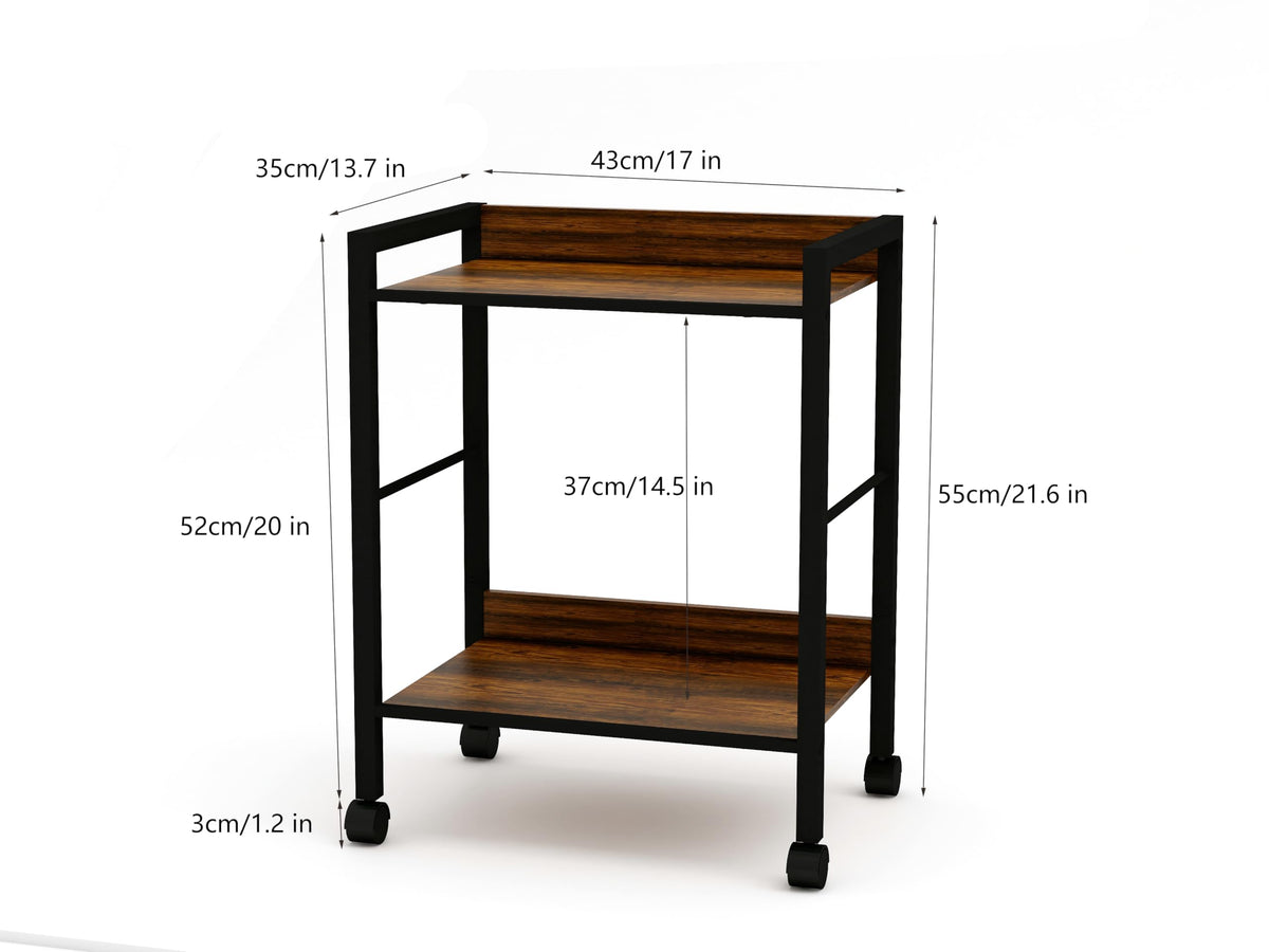 Aopark 2-Tier Rolling Utility Cart Night Stand Organizer with Brown Wood Shelves and Black Metal Frame, End Side Table Storage Trolley on Wheels for Kitchen Office, Bathroom, Living Room