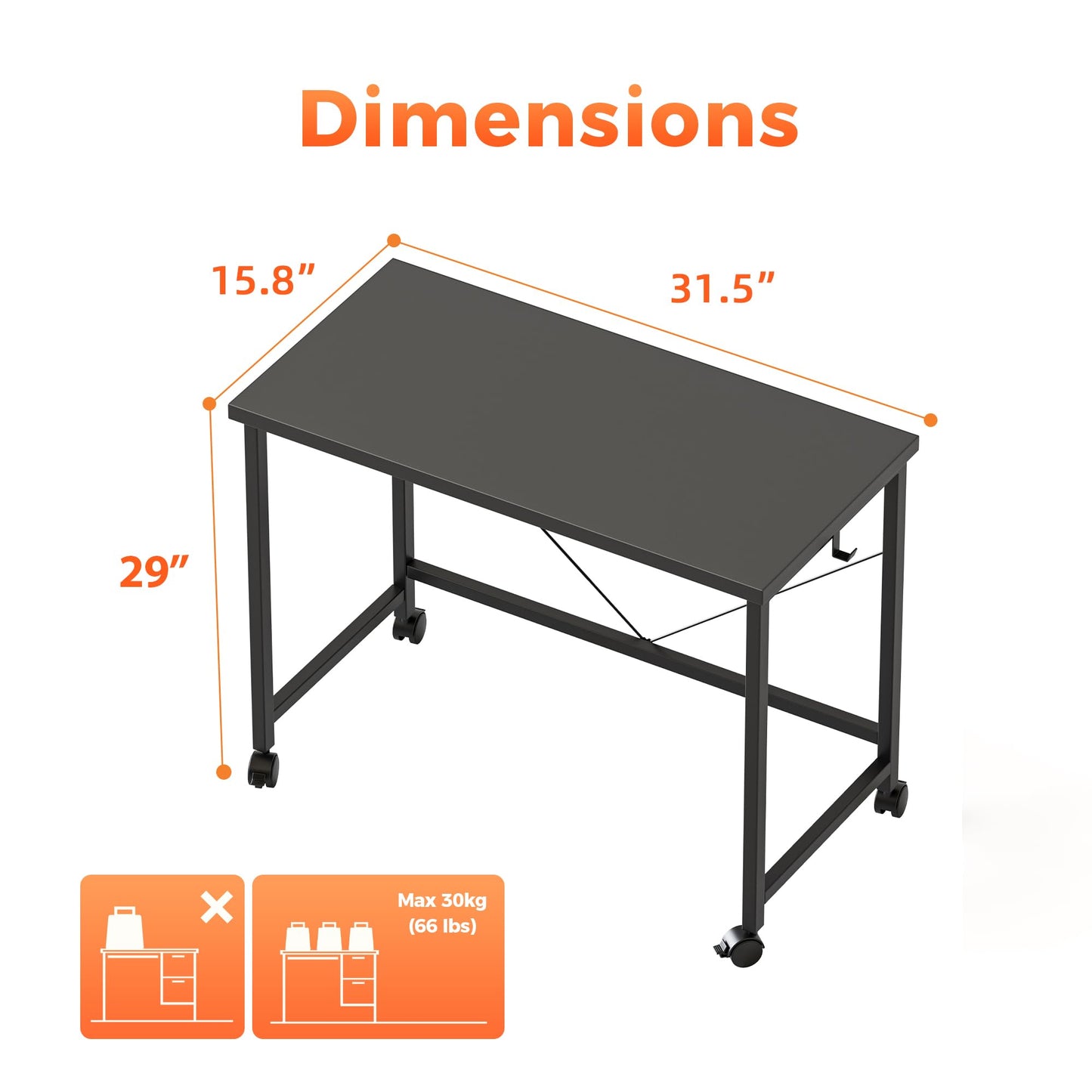 Mericonia 32 inch Rolling Computer Desk with Wheels, Gaming Desk for Small Spaces, Modern Simple Style Table for Home Office, Study Writing Table
