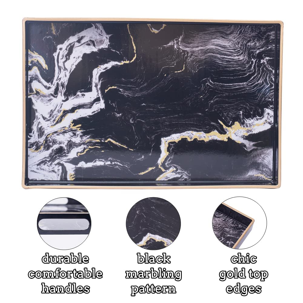 MAONAME Decorative Tray, Plastic Marbling Tray with Handles, Rectangular Coffee Table Trays for Ottoman, Bathroom, 15.7” x 10.2”, Black