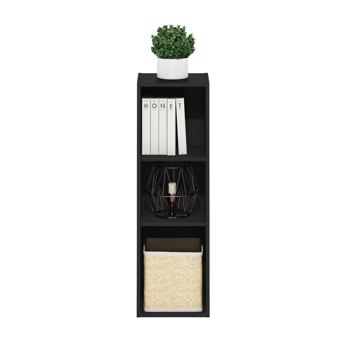Furinno Fulda Book Shelf, 3-Tier Narrow Bookshelf, Bookcase with 10-in Width Storage Shelf, 9.3 x 9.8 x 31.5, for Living Room, Bedroom, Home Office, Blackwood