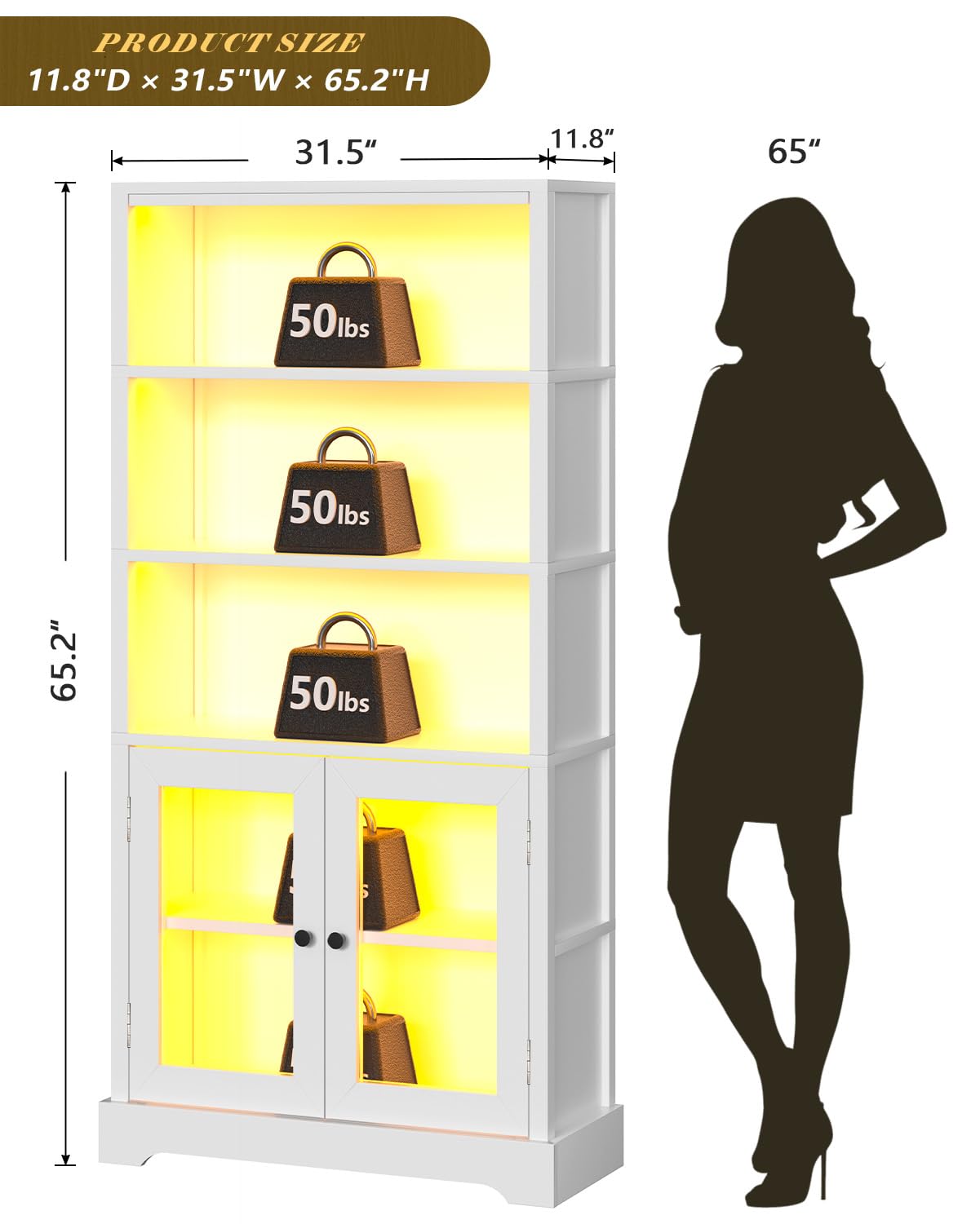 TVU 5-Tier Bookshelf, 65" Bookshelf with Multi-Color Ambient Lights (APP Remote Control), Tall Vertical Display Shelf with Cabinet Doors, Suitable for Living Room, Bedroom, Study, Office, White
