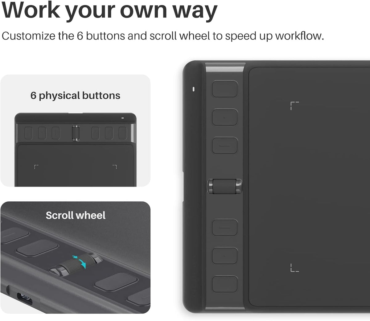 HUION Drawing Tablet Inspiroy 2 Small, Digital Art Tablet with Scroll Wheel, 6 Hotkeys, Battery-Free Stylus, Graphics Tablet for Drawing, Design, Writing, Work with PC, Mac & Android, Black