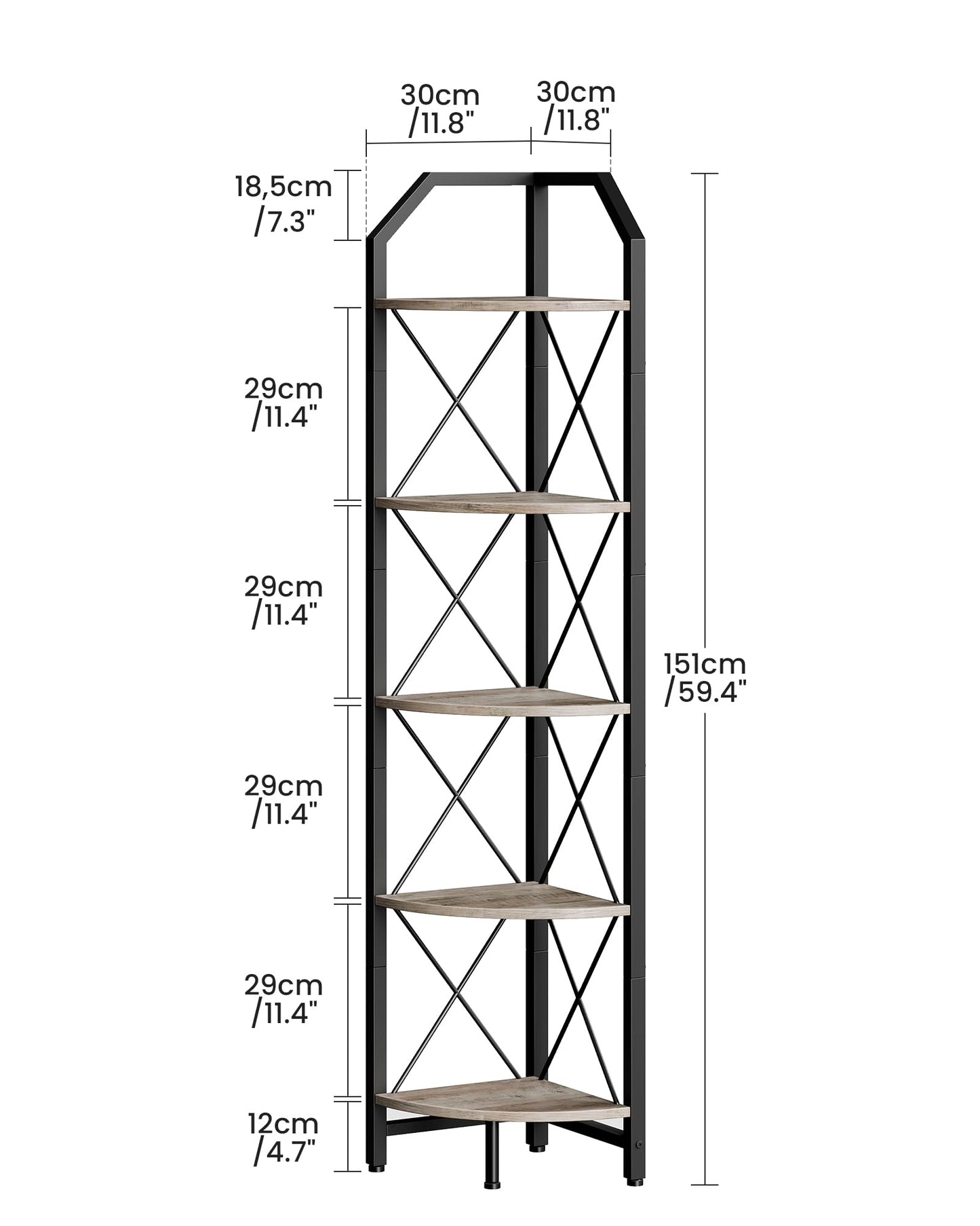 CHOEZON 5-Tier Corner Shelf, Industrial Corner Bookshelf, 59.4" Corner Storage Stand, Plant Stand Display Shelf, Corner Bookcase for Bedroom, Living Room, Home Office, Greige and Black TCJ10BG