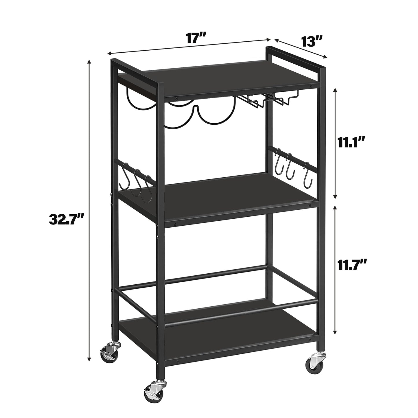 TUTOTAK Bar Cart, Home Bar Serving Cart, Microwave Cart, Drink Cart, Mobile Kitchen Shelf with Wine Rack and Glass Holder, Rolling Beverage Cart Living Room, Kitchen, Black BC01BK032