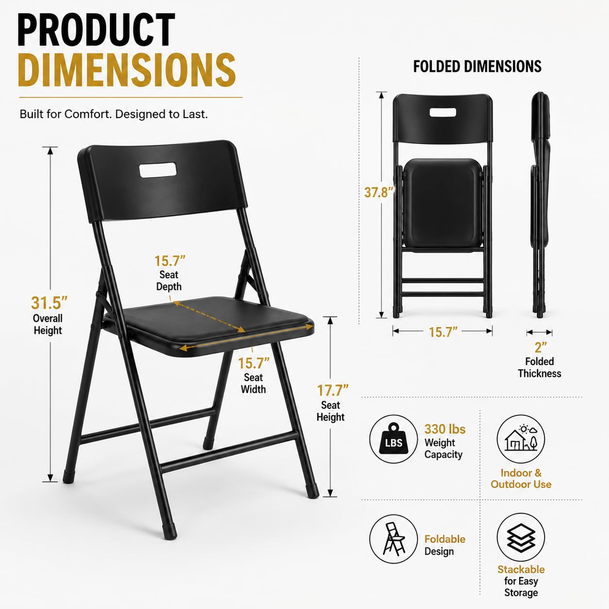 New Home Era Plastic Folding Chairs Heavy-Duty Foldable Chairs Indoor/Outdoor, Portable Dining Chair for Kitchen, Patio, Garden, Party Events – Stackable, Space-Saving Folding Chair (Black, 4 Pack)