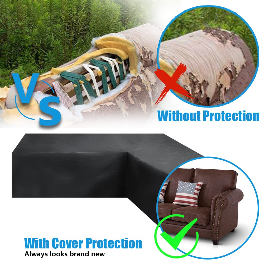 Gicov Patio Sectional Sofa Cover Waterproof V Shape Furniture Cover Outdoor Couch Cover Heavy Duty Garden Furniture Protector with Windproof Strap