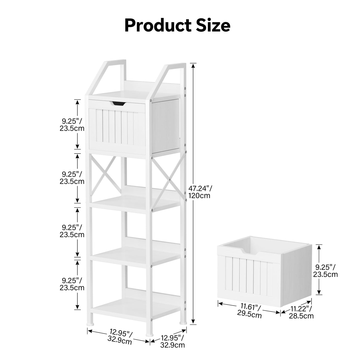 Homeiju Bathroom Floor Cabinet, 5-Tier Bathroom Storage Organizer Rack with Drawer, Multifunctional Corner Unit, 47.24 Inches in Height, White